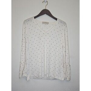 LOFT KNIT White Black  POLKA DOTS SWEATER  V Neck Lightweight Large Bell Sleeves